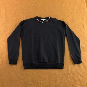 Doux Womens XS Black Grommet Embellished Crew Neck Sweatshirt New
